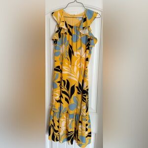 Liz Claiborne Yellow Floral Dress with Ruffled Sleeves, Size 6